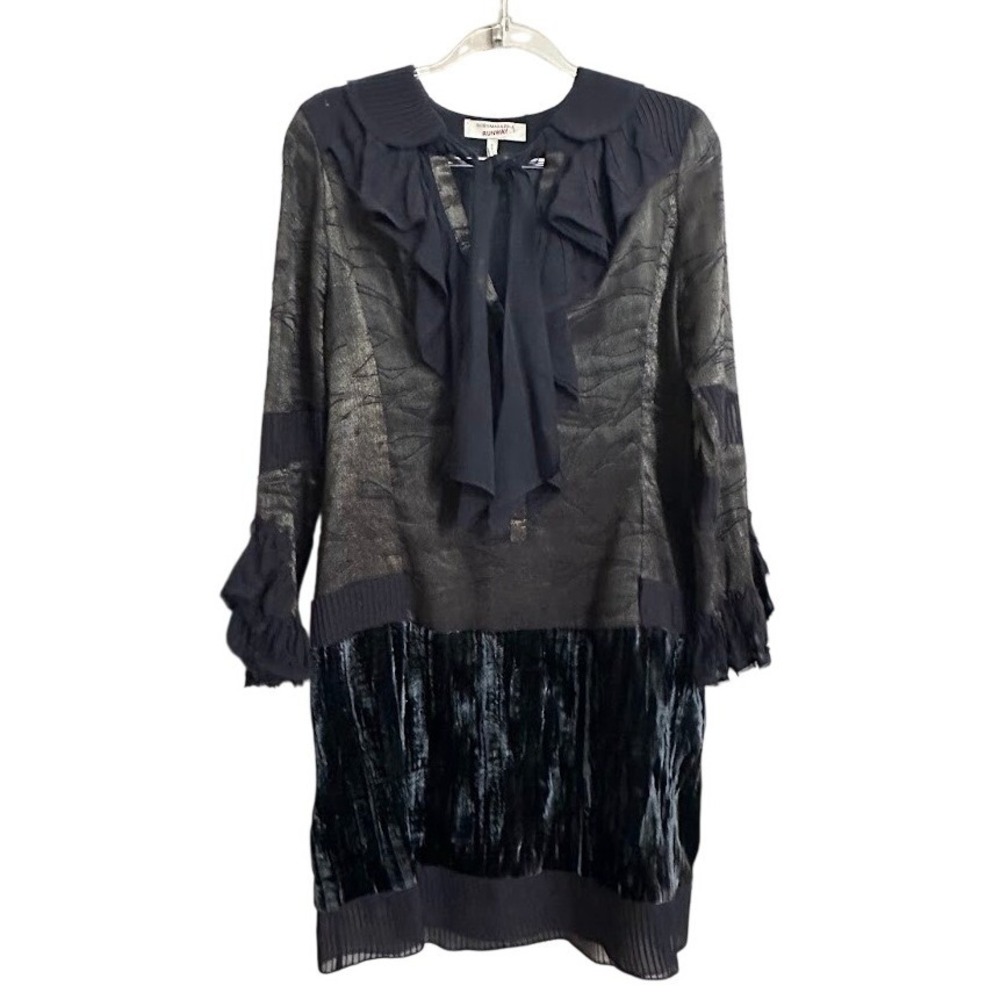 BCBGMAXAZRIA Runway Metallic Silk Velvet Ruffle Mini Dress Small Black Grey